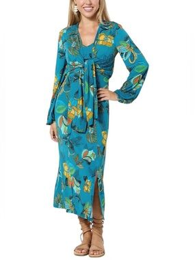IMAN Global Chic Runway Jersey Dress & Tie Front top teal color floral Large